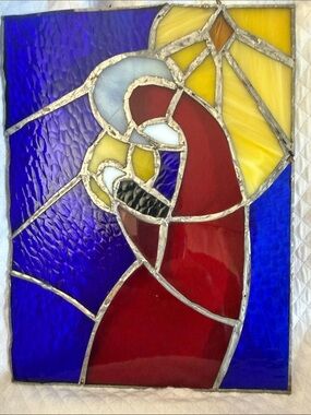 Authentic hand made Stained Glass Madonna and Child Panel Size 9.25 in x 7 in